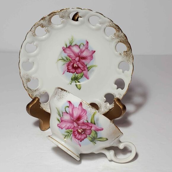 Lefton Teacup and Saucer Pink Orchid Vintage Reticulated - Picture 5 of 9